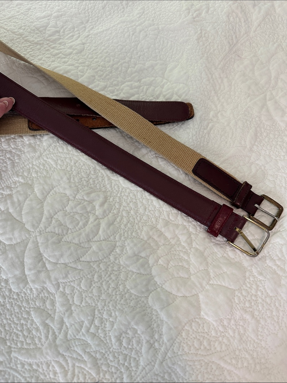Men's Burgundy Leather and Beige Canvas Casual Belts